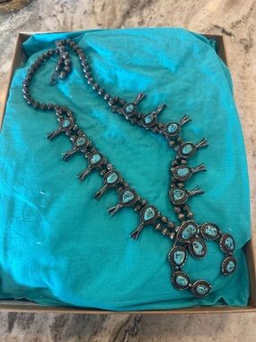 Turquoise Stone Squash Blossom Necklace - Blue Statement Necklace